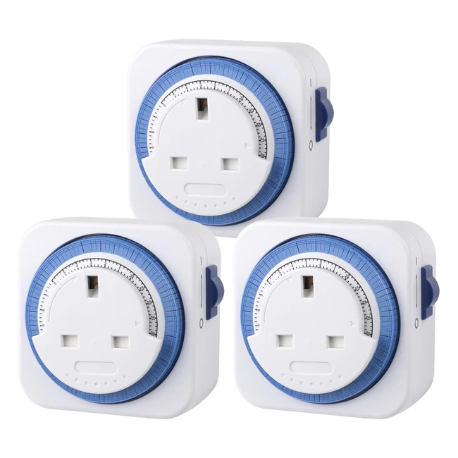 HBN Mechanical Timer Plug Socket - 24 Hour Programmable Energy Saving - Compact UK Plugin Indoor Timer Socket - 3 Pack