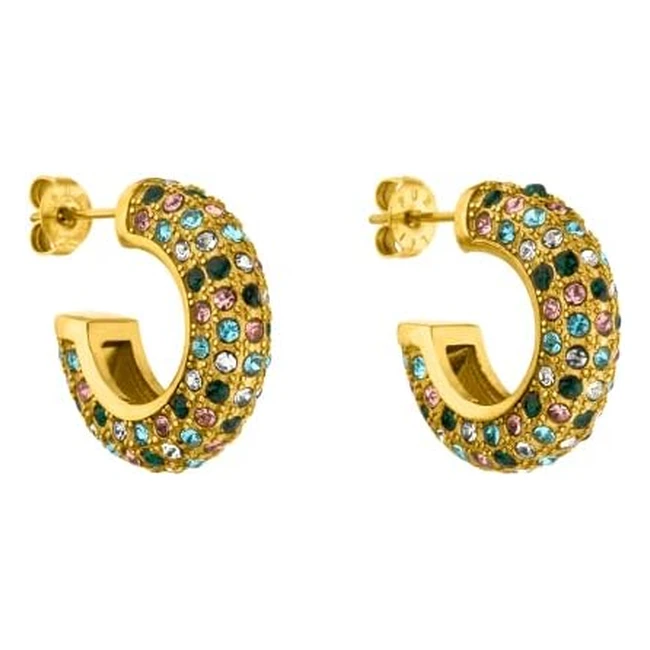Purelei Glitzer Ohrringe Gold Damen Ohrringe aus langlebigem Edelstahl 18k vergoldet wasserdichte Creolen mit bunten Edelsteinen 20 mm Durchmesser Gold Edelstahl