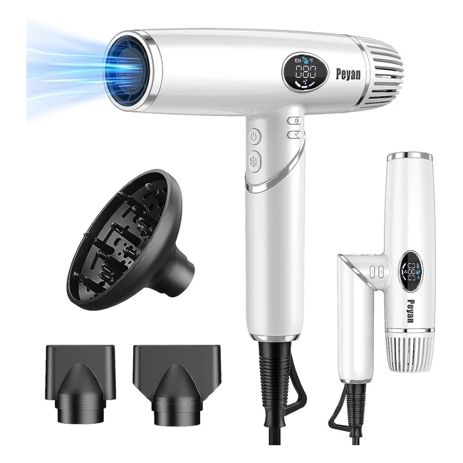 Sèche-cheveux ioniques pliants légers | Moteur brushless 11000 rpm | Séchage rapide | Faible bruit | Diffuseur magnétique | Écran LCD | Idéal pour familles, salons et voyages | Blanc