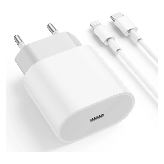 Cargador iPhone 20W Certificado MFi Apple - Carga Rápida, Cable Lightning 2m, Enchufe Pared