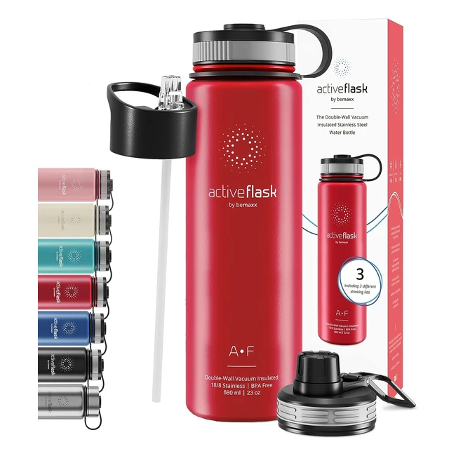 Stainless Steel Water Bottle - Leakproof, Vacuum Insulated, 3 Lids - 1.05L - Hot Cold Double Walled