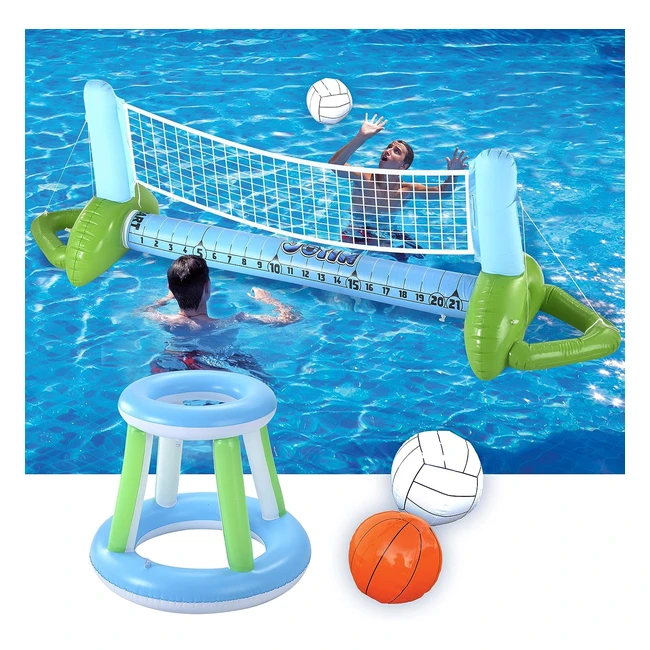 Inflatable Pool Float Set - Volleyball Net Basketball Hoops Balls - Fun for Ki