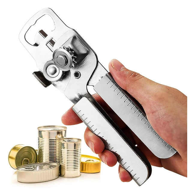 Efficient Sturdy Tin Opener - Pure Metal, Foodsafe Stainless Steel - Smooth Operation - Non-Slip Handle - Ergonomic Turning Knob