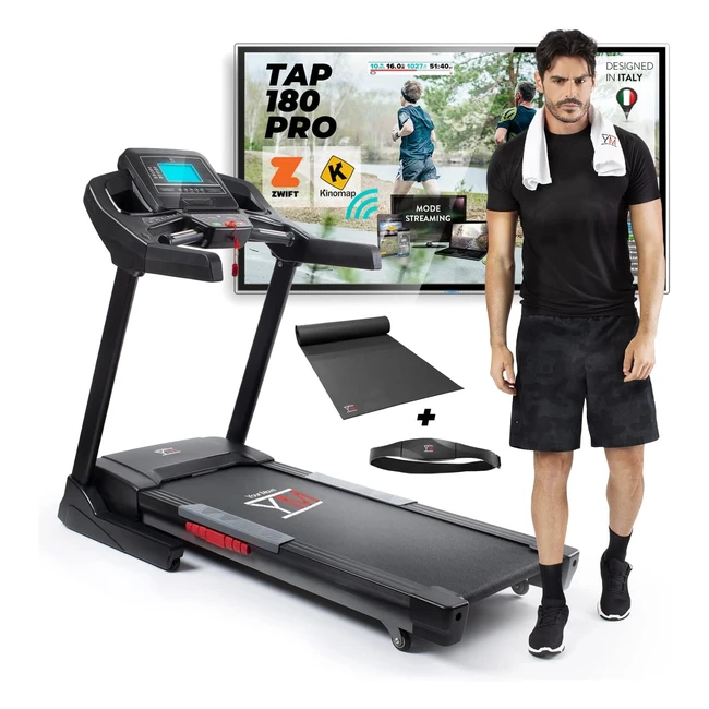 Tapis Roulant Elettrico Professionale YM TAP180PRO - Marchio di Qualità Italiano - App Zwift e Kinomap - Peso Utente 150kg - Inclinazione Automatica - Fascia Cardio - Tappeto - Ruote - Pieghevole
