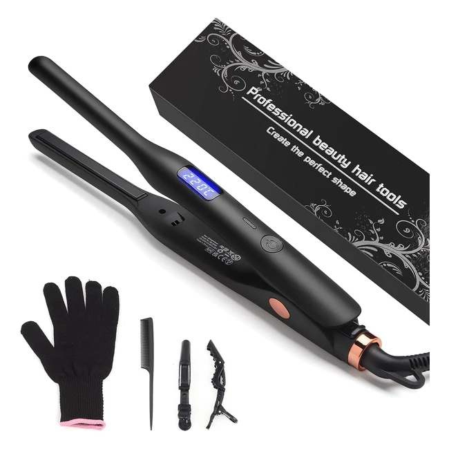 Mini Hair Straightener Pencil Straightener for Short Hair - Adjustable Temperature Small Flat Iron - Black