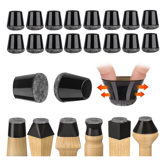 Protection Pied de Chaise en Silicone Noir - 16 Pièces - Patins en Feutre - Pour Sols en Bois Dur et Carrelage - Sans Bruit