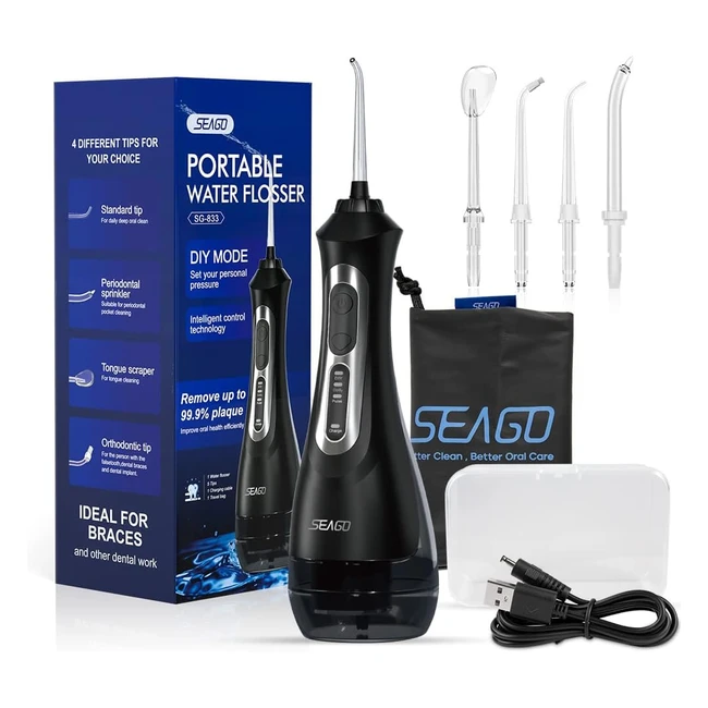 Hydropulseur dentaire portable Seago professionnel - Jet dentaire hydropulseur USB chargé - 30 jours - 5 buses - Jet DIY - 200 ml de voyage - Noir