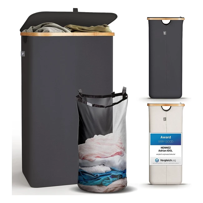 Hennez 100L Bamboo Laundry Basket with Lid - Lightweight, Breathable, and Practical