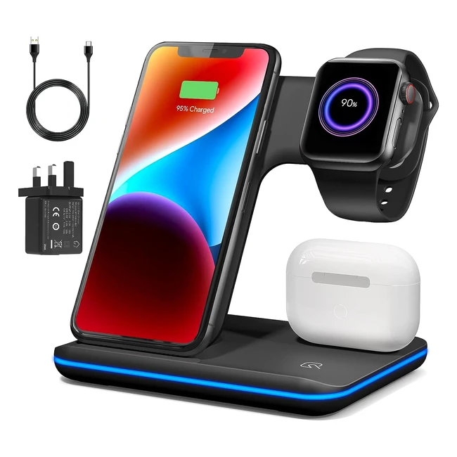 Wireless Charger 3 in 1 Charging Station for iPhone 14131211 and Apple Watch 8765432SE - Upgraded Dock for Airpods 123 ProPro 2