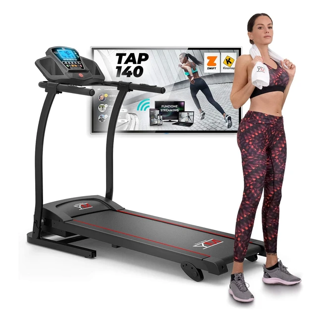 Tapis Roulant Elettrico Pieghevole 14 km/h - Bluetooth, App Kinomap e Zwift, Sensore Cardiaco, Audio e Altoparlanti - Supporto Tablet