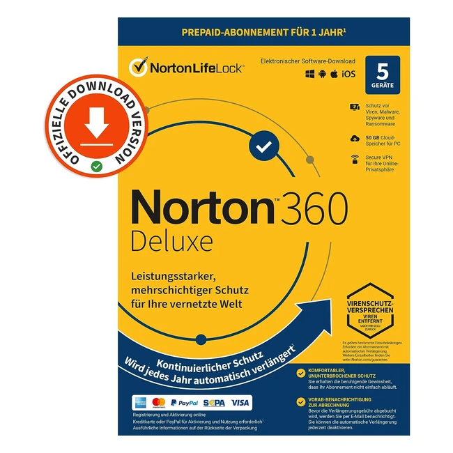 Norton 360 Deluxe 2022 - 5 Geräte, 1-Jahresabonnement, automatische Verlängerung, Secure VPN und Passwortmanager