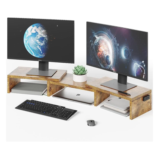 Bontec Dual Monitor Stand - Adjustable Length, Swivel Angle - Vintage Brown