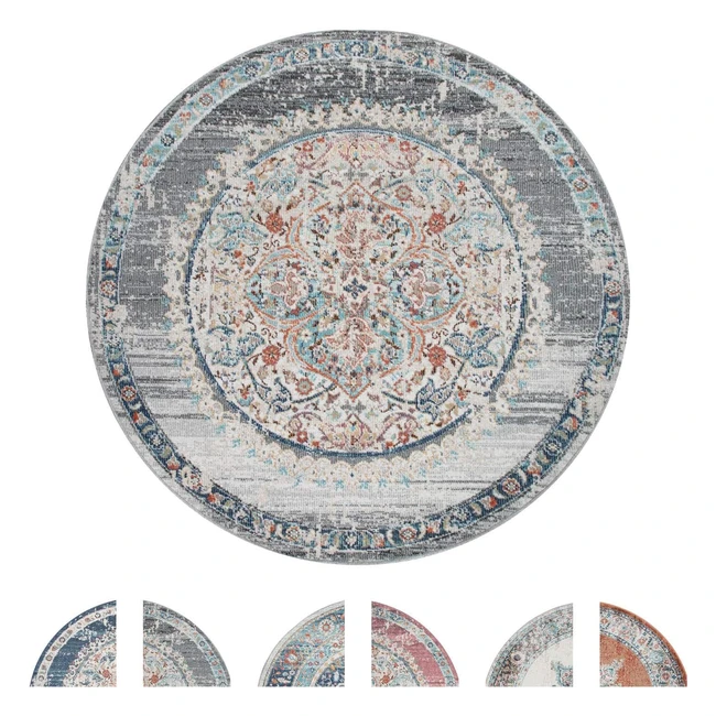 Outdoor Teppich rund Balkon Wohnzimmer Küchenteppich Vintage Orientalisch Modern Pastell versch. Farben Größe 160 cm rund Farbe: Grau