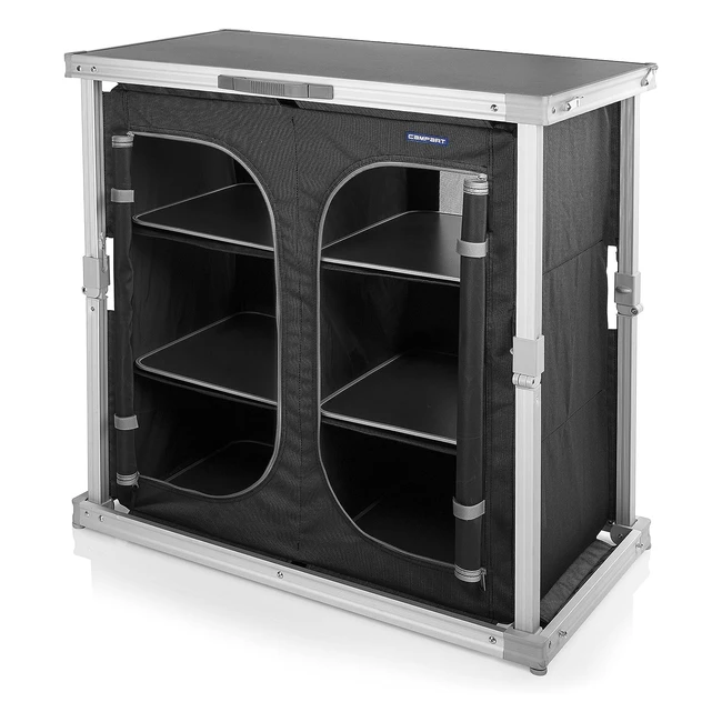 Campart Camping Schrank, faltbar, 4 verstellbare Füße, 2 x 3 Fächer, Fliegengitter, Aluminiumrahmen
