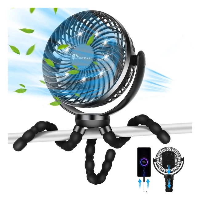 Yardout 8000mAh Octopus Pram Fan | Rechargeable Stroller Fan | Detachable Flexible Tripod | 720 Rotatable | 3 Speeds | USB Fan with Lights