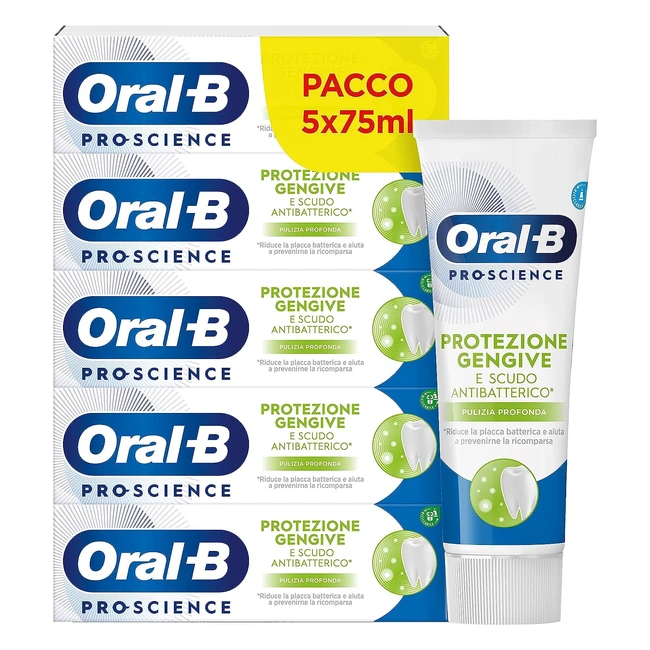 OralB Dentifricio Protezione Gengive e Scudo Antibatterico - Riduce la Placca Batterica e Aiuta a Prevenirne la Ricomparsa - Confezione da 5x75ml