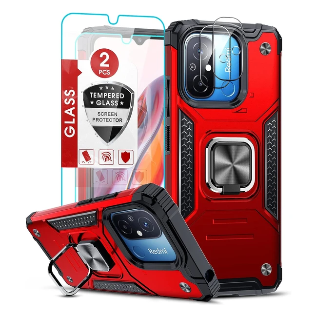 Funda Xiaomi Redmi 12C12 C11A CM Armor - Protector Lente - Cristal Templado - 360 Grados Magnetic Anillo - Case Rojo