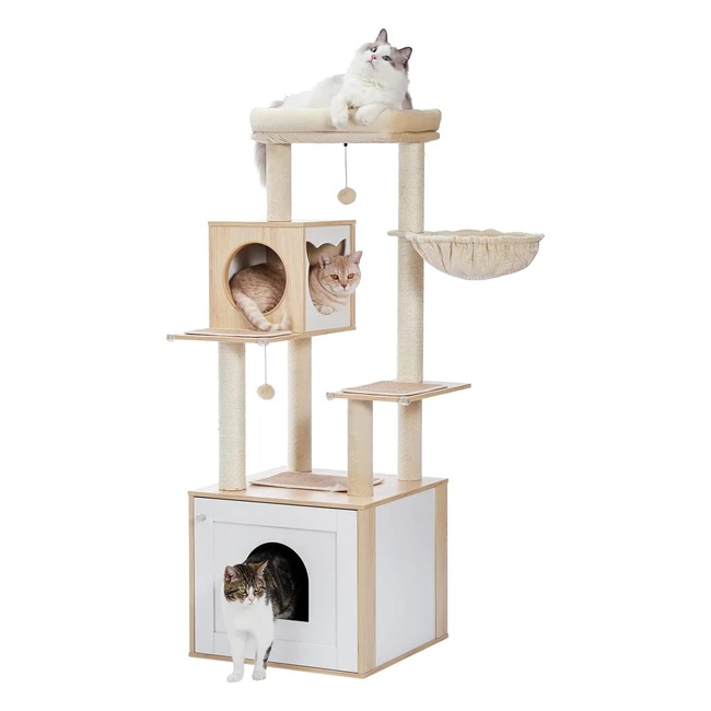 Pawz Road Modern Cat Tree - Wood Cat Tower with Storage Cabinet, Litter Box Enclosure, and Spacious Cat Condo