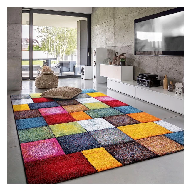 Paco Home Teppich für Wohnzimmer Kinderzimmer bunter Kurzflor modernes 3D-Design kariertes geometrisches Muster Größe 120 x 170 cm Farbe mehrfarbig