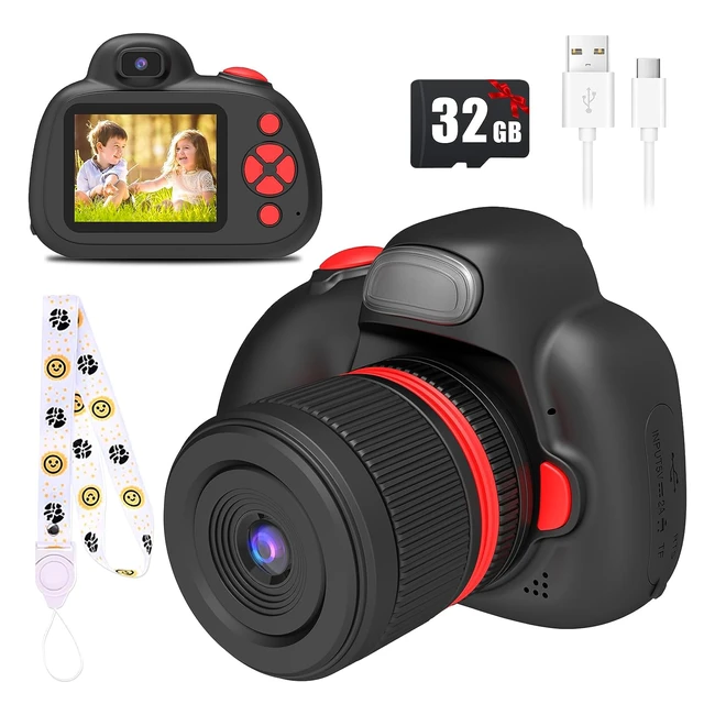 Cámara Bafuland para niños - Cumpleaños - Cámara digital mini de 24 pulgadas - Flash - Tarjeta SD 32GB - Negro