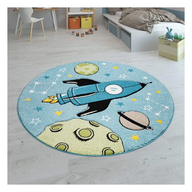 Paco Home Kinderteppich Rund Junge Mädchen Weltall Motive Größe 120cm Blau