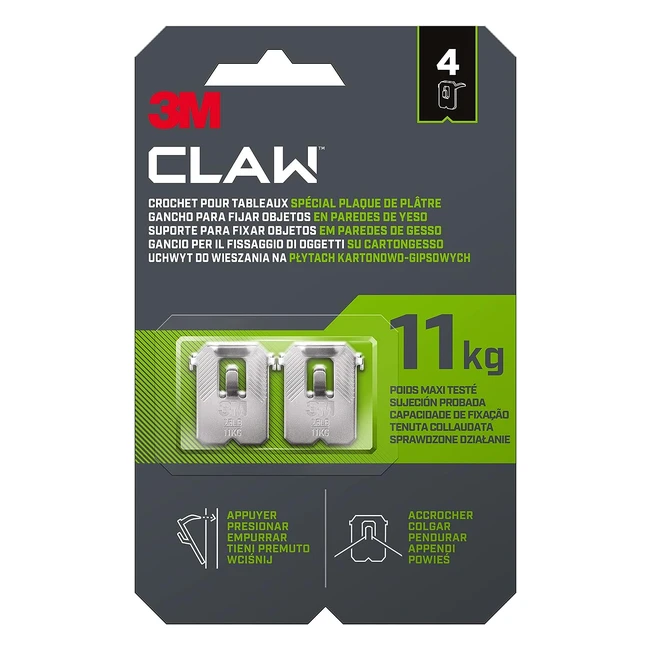 3M Claw - Gancio per appendere quadri su cartongesso - 4 ganci - Sostiene fino a 11 kg - Ideale per oggetti pesanti