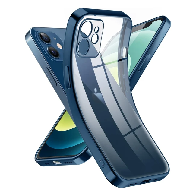 Coque Crystal Clear pour iPhone 12 - Jamais jaune - Protection caméra - Étui housse téléphone portable transparente en silicone ultra fine et légère - 61 Bleu