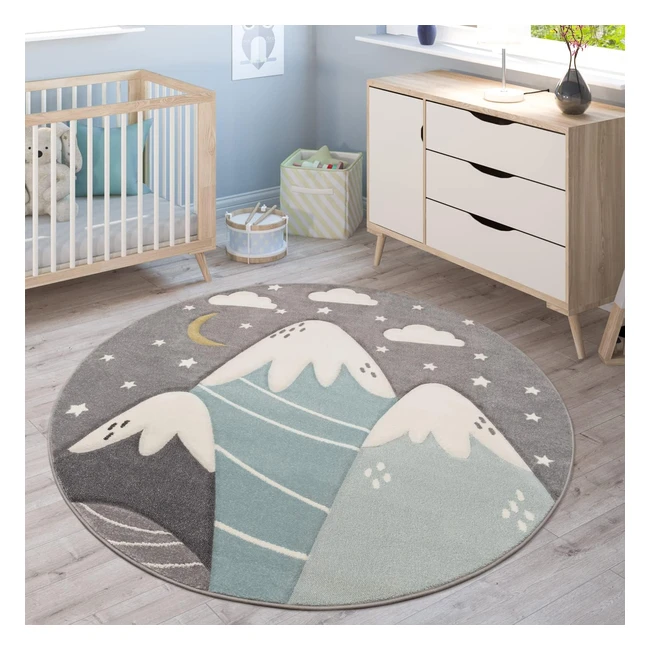 Kinderzimmer Teppich 3D-Look modern Pastell Berge Wolken Sterne 200 cm rund Grau Blau #Kinderzimmer #Teppich #Spielteppich #Kinderzimmerdeko