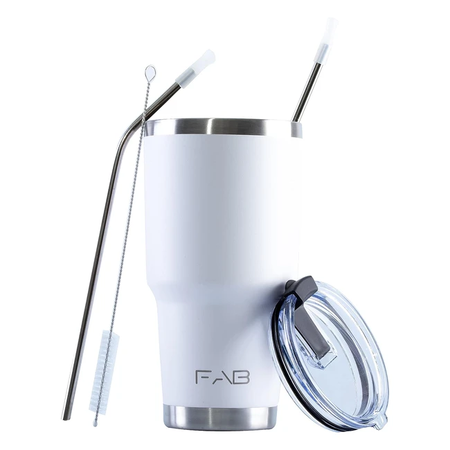 Fab Tumbler - White Reusable 30oz Stainless Steel Tumbler with Lid and Straws - Hot and Cold Drink