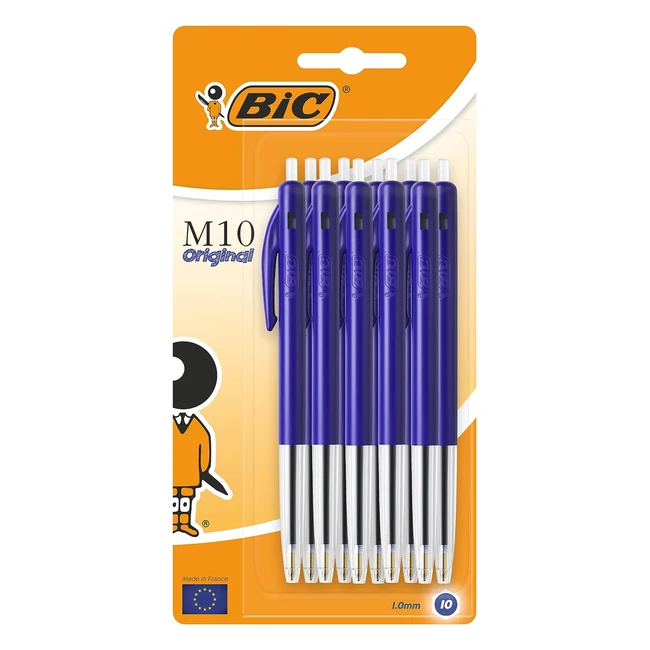 BIC M10 Medium Ballpoint Pens - 1 Pack of 10 - Blue - Retractable, Sturdy, Quality Ink