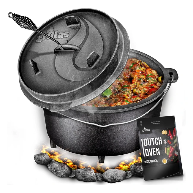 Grillas Dutch Oven Set - Gusseisen Feuertopf mit Deckelheber und Griff 6 qt