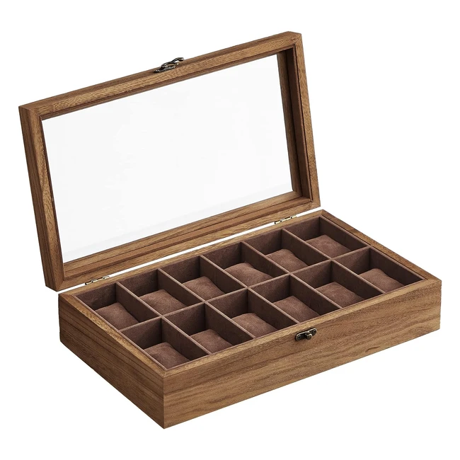 SONGMICS Uhrenbox mit 12 Fächern, Massivholz, Glasdeckel, Uhrenkissen, Walnussfarben