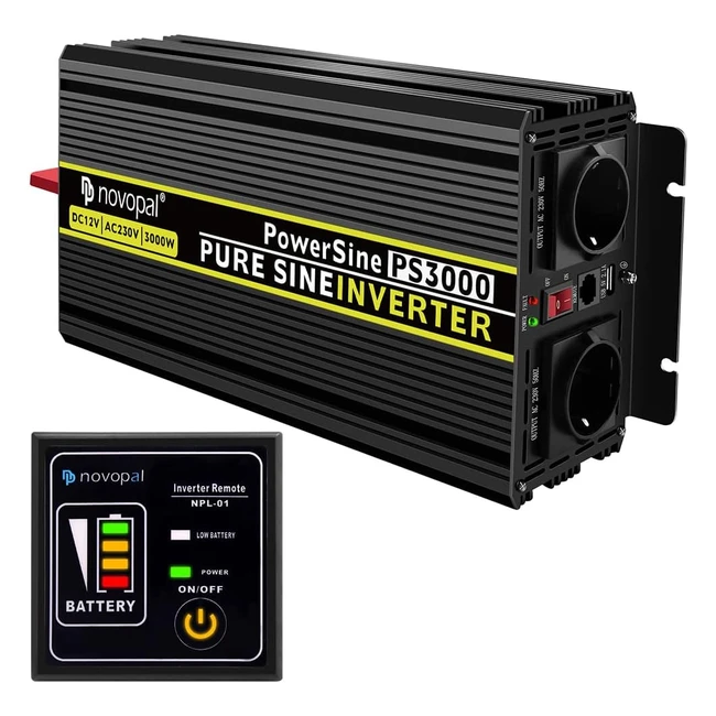 Novopal 3000W Inverter Onda Sinusoidale Pura DC 12V AC 220V - Potenza di Picco 6000W - 2 Prese CA, 2 Porte USB - Telecomando 5m