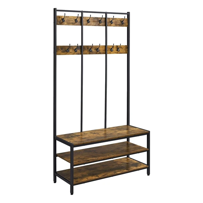 Yaheetech Garderobenständer mit 24 Kleiderhaken, Schuhregal, 3 Ablagen, Sitzbank bis 125 kg belastbar - Industrieller Stil