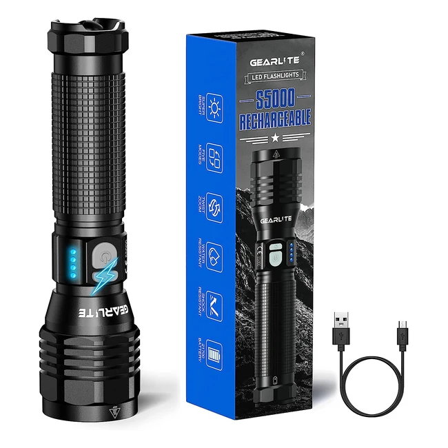Linterna LED Alta Potencia Gearlite S5000 - 10000 Lumenes, Recargable USB, IP65 Impermeable - Ideal para Camping y Senderismo