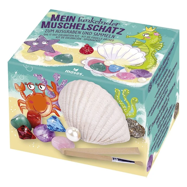 Coquillage scintillant Moses 30556 avec trésors cachés - Perle en plastique, diamant, perles dorées, pyrite, quartz rose, améthyste, aventurine verte, cornaline