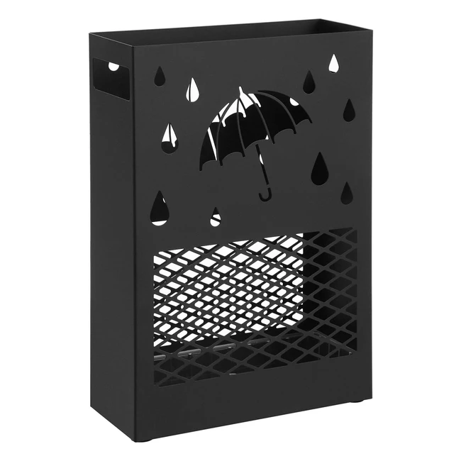 Songmics Regenschirmständer aus Metall mit Wasserauffangschale, 4 Haken, Cutoutdesign, Schwarz