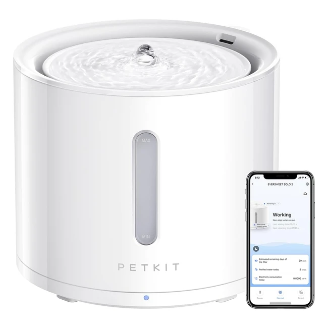 Petkit Cat Water Fountain - Ultra Quiet Wireless Pump - Bluetooth & WiFi Enabled - 2L - Filtered - LED Water Level Window - Trio Working Mode - Eversweet Solo 2