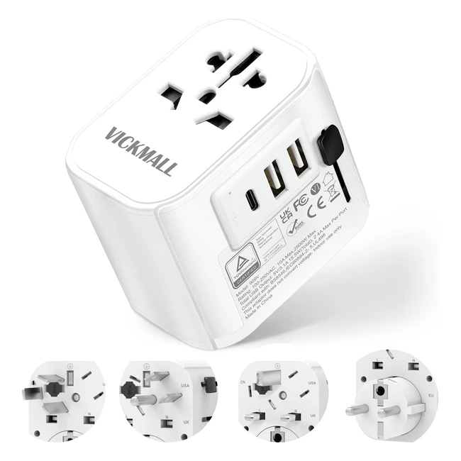 Universal Travel Adapter - Worldwide Wall Charger Socket with 2 USB-A and 1 Type-C Ports