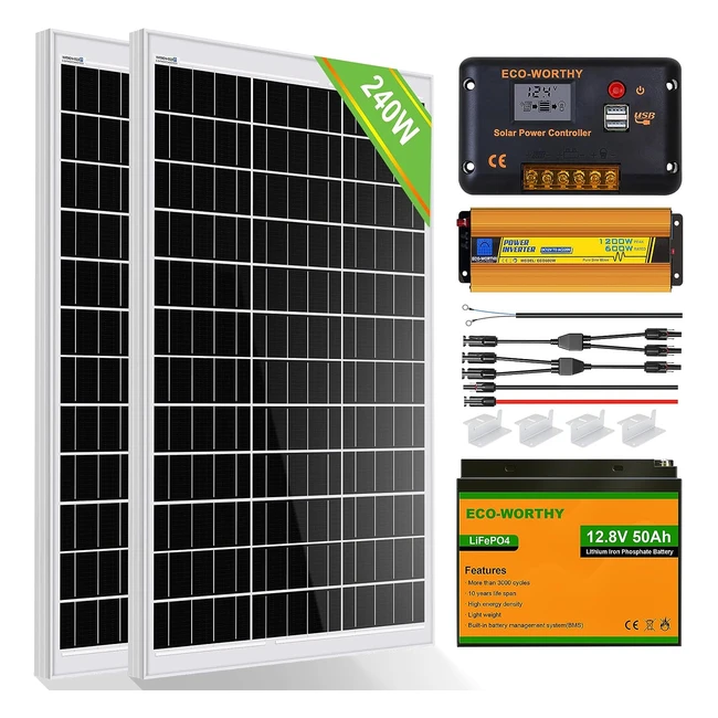 ECOWORTHY 240W 12V Solar Panel System - Off Grid Kit for Home RV Motorhome - 2pcs 120W Panels, 50Ah Battery, 30A Controller, 600W Inverter