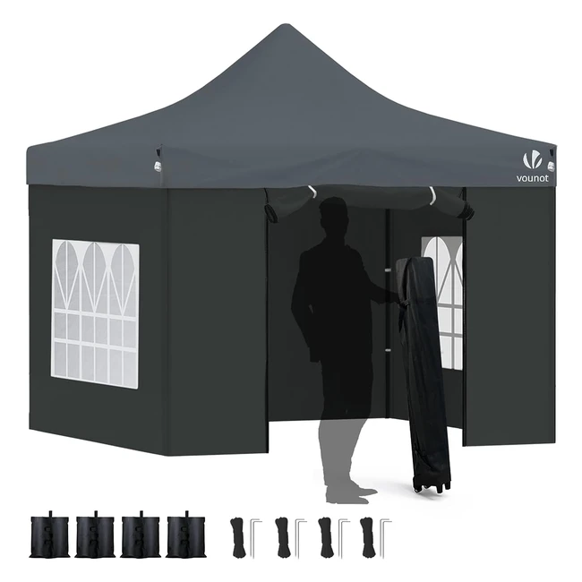Vounot Pavillon 3x3m - Wasserdicht, Stabil & Winterfest, Pop-Up Faltpavillon mit 4 Seitenteilen und 4 Sandsäcke, Grau