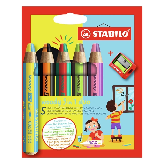 Stabilo Woody 3 in 1 Duo - Farbstifte - 5er Pack mit Spitzer