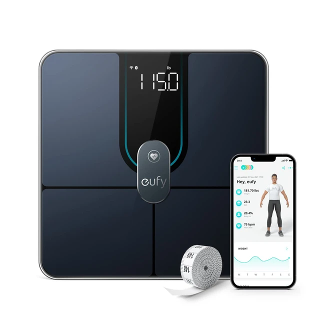 eufy Smart Scale P2 Pro - Digitale Körperwaage mit WLAN/Bluetooth, 16 Messwerte inkl. Gewicht, Herzfrequenz, Körperfett, BMI, Muskel- & Knochenmasse - Schwarz