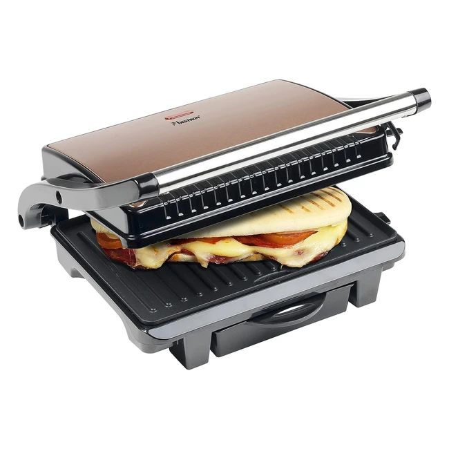 Bestron ASW113CO Elektrischer Kontaktgrill mit Tropfschale Sandwichmaker mit Cool-Touch-Griff und Antihaftbeschichtung Paninimaker mit 1000 Watt Farbe Kupfer Durchmesser 28,5 cm