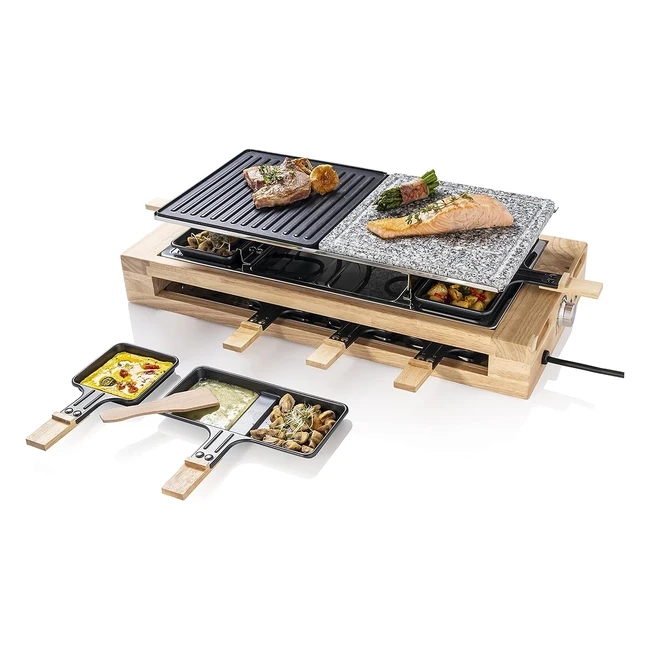 Bestron XL Raclette Grill Elektrischer Party Raclette Grill für bis zu 8 Personen mit Naturgrillstein und Antihaft-Grillplatte inklusive großem Pfannenset 1500 Watt Holzdesign