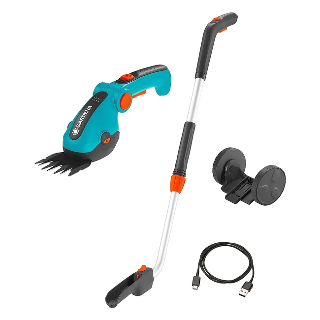 GARDENA Set Akkugrasschere ComfortCut LI, Rasenkantenschere mit Teleskopstiel und Rädern, werkzeugloser Messerwechsel