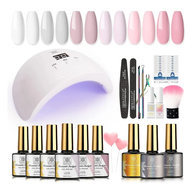 Kit Unghie Semipermanente Rstyle - Smalti Gel 9 10ml, Lampada UV 48W, Nail Art - Bianco Rosa