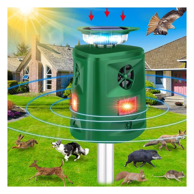 360 Solar Ultrasonic Animal Repellent - Motion Sensor, LED Flashing Light - Fox Scarer - Waterproof - Deterrent for Garden Yard