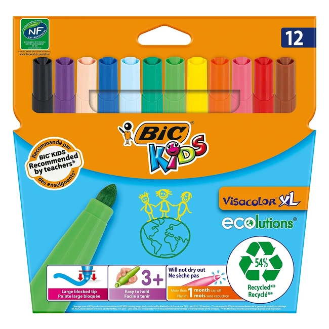 BIC Kids Visacolor XL Ecolutions Colouring Pens - Black (12 Pack) - Vibrant Colors, Large Tip