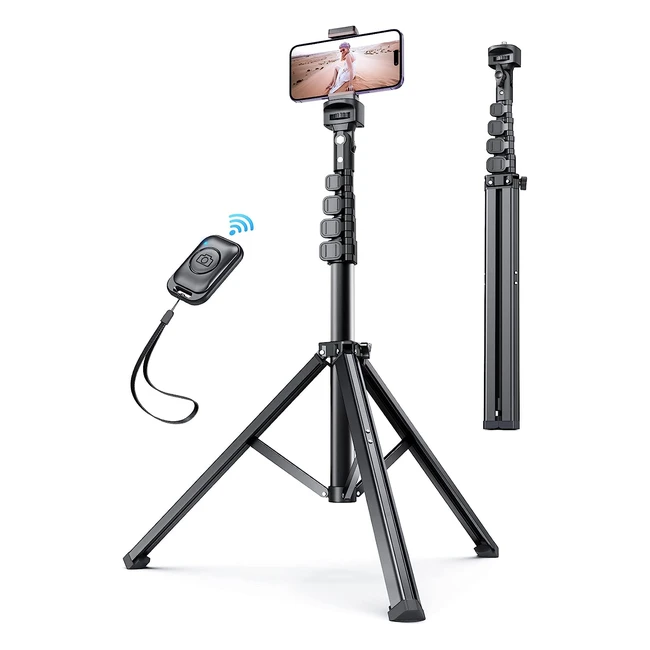 Trépied Smartphone Pnitri en Aluminium 170cm - Trépied et Perche Selfie Extensible - Télécommande et Support pour iPhone Samsung et Tout Type de Téléphone Android